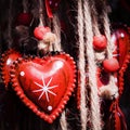 Red Metal Decorations, Heart Form, with Ropes and Red Pearls, for Valentines and Christmas