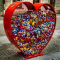 A red metal heart stuffed with plastic bottle caps