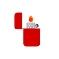Red metal lighter icon isolated on white background. Classic steel lighter with a flame.