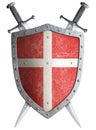 Old medieval crusader shield and two crossed swords isolated 3d illustration Royalty Free Stock Photo