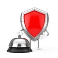 Red Metal Protection Shield Character Mascot with Hotel Service Bell Call. 3d Rendering