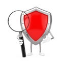Red Metal Protection Shield Character Mascot with Magnifying Glass. 3d Rendering Royalty Free Stock Photo