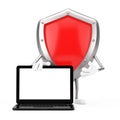 Red Metal Protection Shield Character Mascot with Modern Laptop Computer Notebook and Blank Screen for Your Design. 3d Rendering