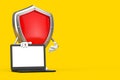 Red Metal Protection Shield Character Mascot with Modern Laptop Computer Notebook and Blank Screen for Your Design. 3d Rendering