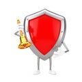 Red Metal Protection Shield Character Mascot with Vintage Golden School Bell. 3d Rendering