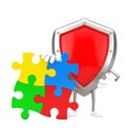 Red Metal Protection Shield Person Character Mascot with Four Pieces of Colorful Jigsaw Puzzle. 3d Rendering Royalty Free Stock Photo