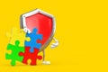 Red Metal Protection Shield Person Character Mascot with Four Pieces of Colorful Jigsaw Puzzle. 3d Rendering Royalty Free Stock Photo