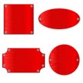 Red metal shields. Shiny blank signs