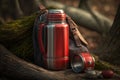 red metal thermos and a backpack on a stump on a tree in the forest Royalty Free Stock Photo
