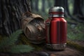 red metal thermos and a backpack on a stump on a tree in the forest Royalty Free Stock Photo