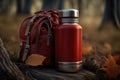 red metal thermos and a backpack on a stump on a tree in the forest Royalty Free Stock Photo