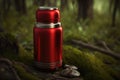 red metal thermos on a stump on a tree in the forest Royalty Free Stock Photo