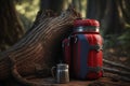 red metal thermos on a stump on a tree in the forest Royalty Free Stock Photo