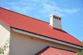 Red metal tile roof. Metal house red color rooftop with chimney