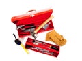 Red metal tool box with tools on white Royalty Free Stock Photo