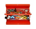 Red metal tool box with tools on white background. Royalty Free Stock Photo