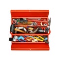 Red metal tool box with tools on white background. Royalty Free Stock Photo