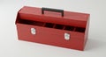 Red metal toolbox with a black plastic handle on top, featuring two silver latches on t Royalty Free Stock Photo