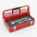 Red metal toolbox containing adjustable and combination wrenches isolated on white background Royalty Free Stock Photo