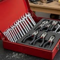 An organized set of tools. On the left, multiple open-end wrenches are Royalty Free Stock Photo