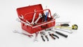Red metal toolbox is open displaying various tools. Includes wrenches Royalty Free Stock Photo
