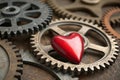Red Metallic Heart Among Interlocking Gears - generated by ai Royalty Free Stock Photo