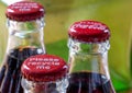Red metals caps on the top of retro style coca cola bottles carrying the message `Please recycle me`.
