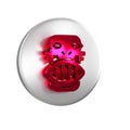 Red Mexican mayan or aztec mask icon isolated on transparent background. Silver circle button.