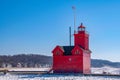 Red Michigan lighthouse in winter Royalty Free Stock Photo