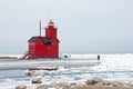 Red Michigan lighthouse in winter Royalty Free Stock Photo