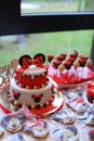 Red Mickey Mouse cake for birthday celebration.
