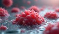 Red microscopic cells cluster on wet surface, detailed view. Cellular structures float in liquid, abstract organic forms, science Royalty Free Stock Photo
