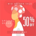 Red mid season woman collection. 50% Big sale poster offer. Sale banner template design. Special offer design for web banner,