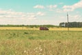 Red bus rides on the road against a background of rape yellow field and blue sky Royalty Free Stock Photo