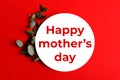 Red minimal background with text-happy mother`s day.Fresh eucalyptus branch near it.Border arrangement