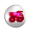 Red Mining dump truck icon isolated on transparent background. Silver circle button.