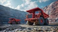 Red mining dump trucks working in coal mine quarry Royalty Free Stock Photo