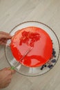 Red Mirror Glazed Fruit Mousse Cake without Decoration. Top view. Iced Berries. Step by Step Cooking Process.