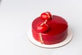 Red mirror half glazed and velor entremets with mini hearts and gold. Royalty Free Stock Photo