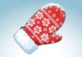 Red mitten adorned with white snowflake patterns, featuring two horizontal stripes. The edges are Royalty Free Stock Photo