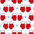 Red mittens and blue snowflakes on white background. Seamless vector pattern. Christmas background for festive designs Royalty Free Stock Photo