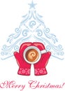 Red mittens with a coffee cup on the background of the Christmas tree Royalty Free Stock Photo