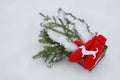 Red mittens, dog figure and green fir tree branches in wooden decorative box on snow. Royalty Free Stock Photo