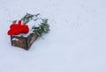 Red mittens,l and green fir tree branches in wooden decorative box on snow. Royalty Free Stock Photo