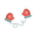 Red mittens. Snowflakes on mittens. Vector illustration of cute pair of gloves for Christmas prints, stickers, banners