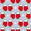 Red mittens and white snowflakes on grey background. Seamless vector pattern. Christmas background for festive designs Royalty Free Stock Photo