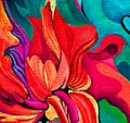 Red mod damask decorative flower oil painting on canvas, illustr