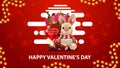 Red modern bright Valentine`s postcard with abstract liquid shapes, garland and plush rabbit with a bouquet of tulips