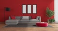 Red modern livng room with gray sofa