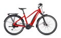 Red modern mid drive motor city touring or trekking e bike pedelec with electric engine middle mount. battery powered ebike